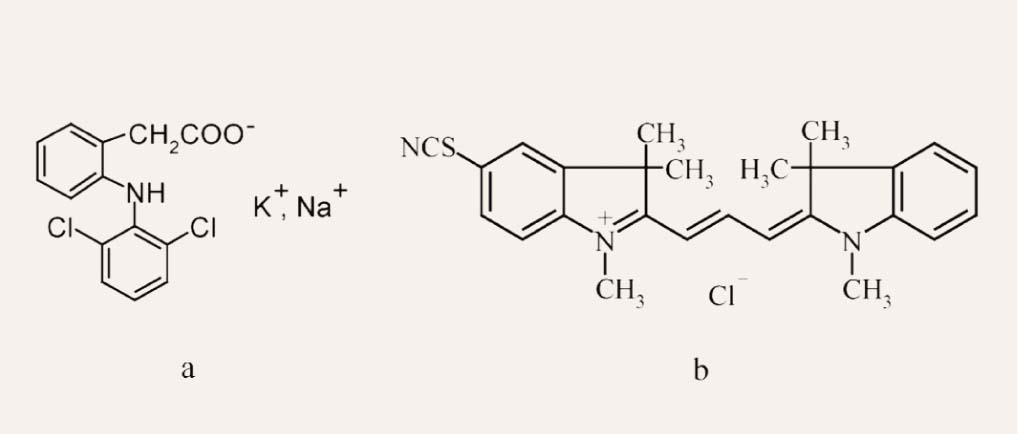Nātrija vai kālija diklofenaka struktūra (a);  TIC* struktūra (b) [9]