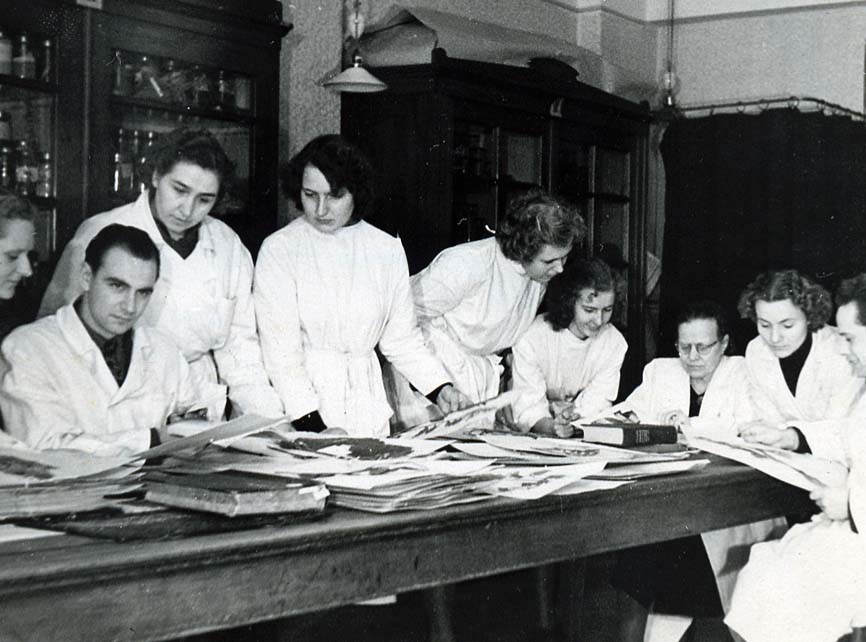 Herbārijus kaltējot – pirmie gadi darbā ar studentiem. Doc. Robežniece un Dailonis Pakalns (otrais no kreisās)