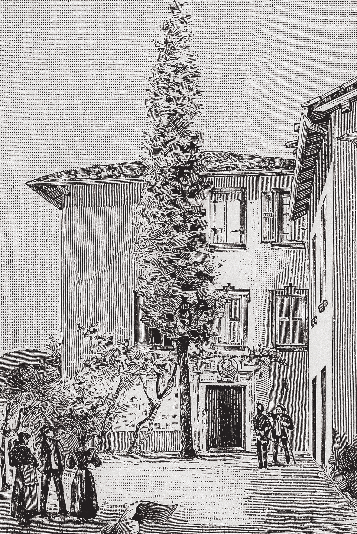 Vēsturiskais Karlo Kataneo nams – Aspazijas  un Raiņa pirmais mājoklis Kastaņolā XIX gs. beigās. Mākslinieka C. Cornaglio gravīra  (1896).