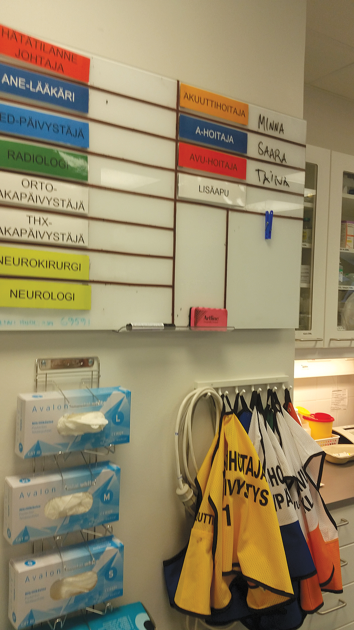 Helsinku universitātes slimnīcā tāfele  ar dežūras sākumā uzrakstītiem māsu  vārdiem un vestītes, ko uzvelk, ja nodaļā ierodas ļoti smagi slims pacients