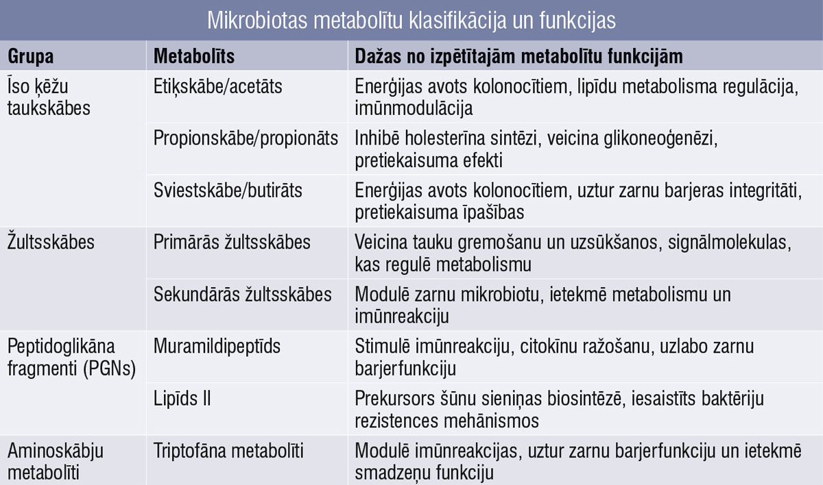 Mikrobiotas metabolītu klasifikācija un funkcijas