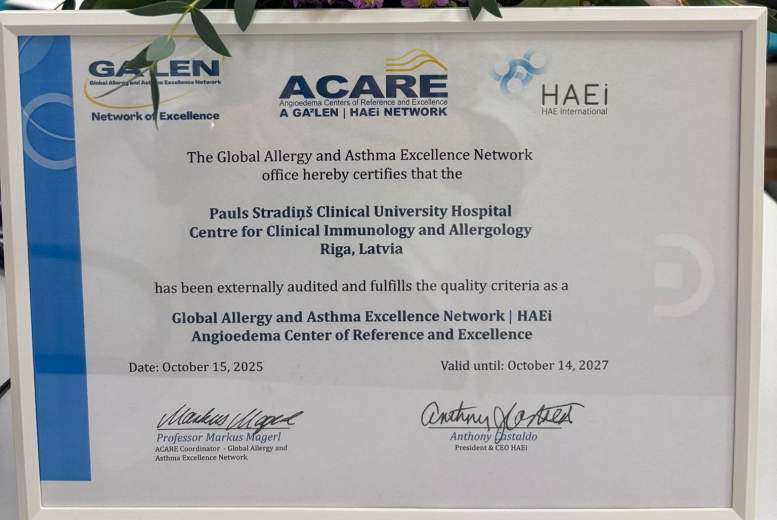 Stradiņa slimnīcas Klīniskās imunoloģijas un alergoloģijas centrs iegūst starptautisku atzinību