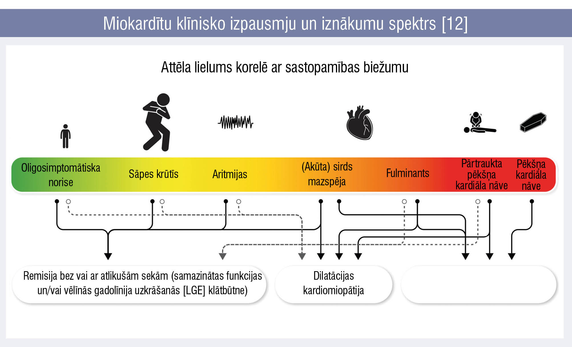Miokardītu klīnisko izpausmju un iznākumu spektrs [12]