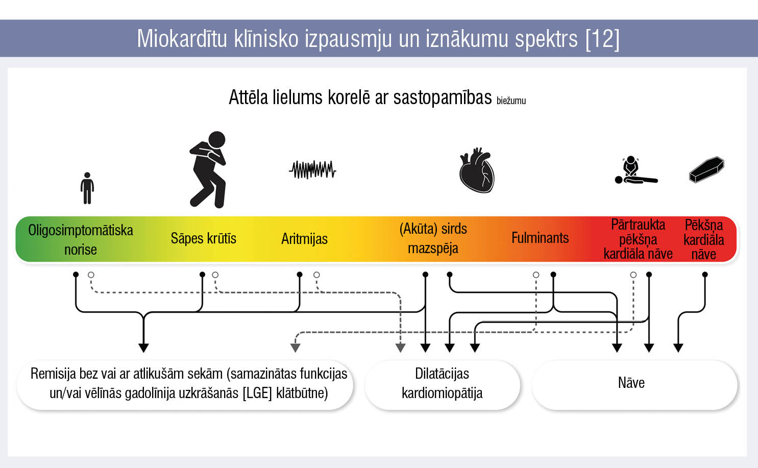 Miokardītu klīnisko izpausmju un iznākumu spektrs [12]